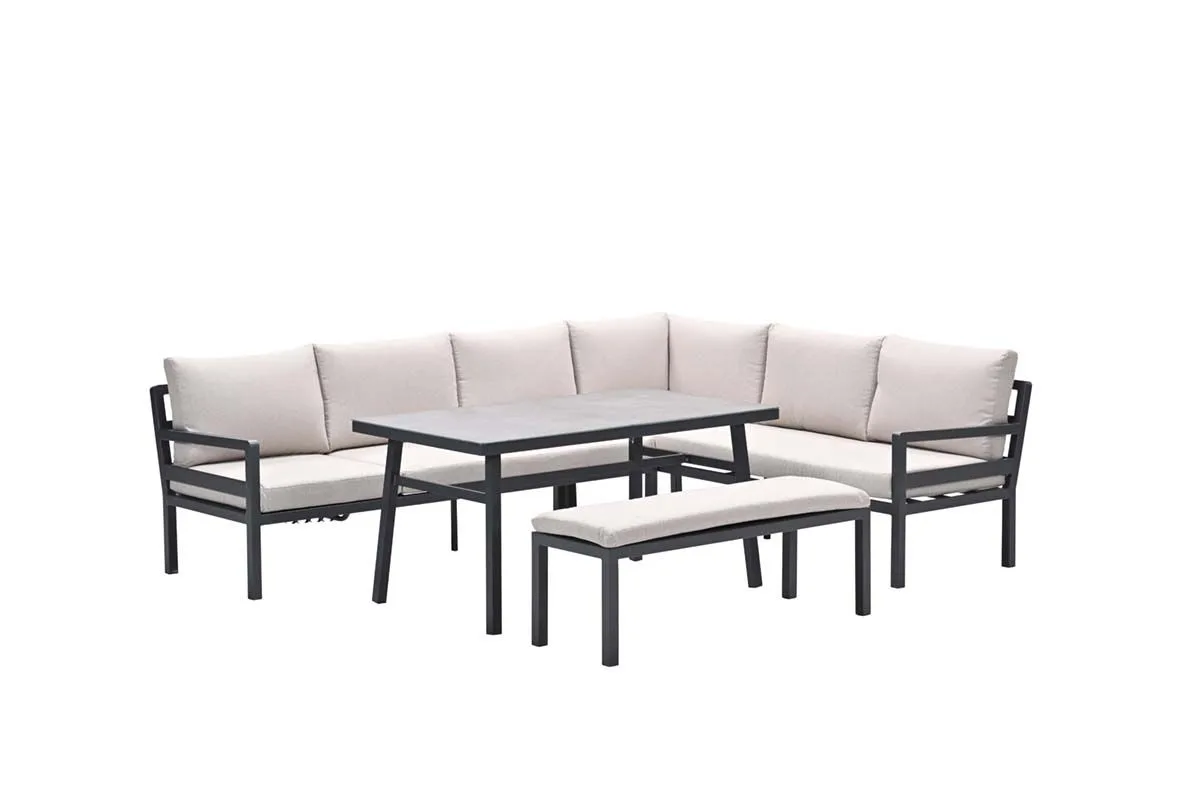 Corsica lounge-diningset - 4-delig - rechts - carbon black - desert sand - grijs slate look glas