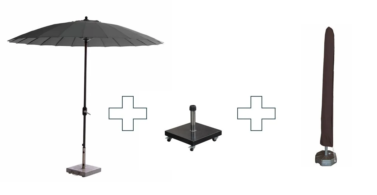 Set van ronde Manilla parasol - met parasolvoet en beschermhoes - 250 cm - Donkergrijs