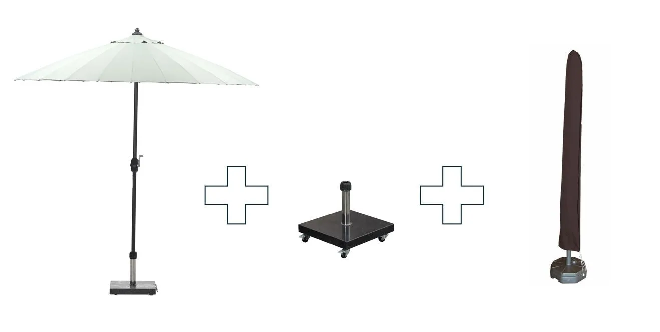 Set van ronde Manilla parasol - met parasolvoet en beschermhoes - 250 cm - Olijfgroen