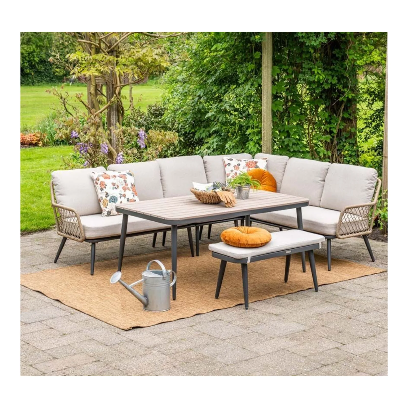 Allasio lounge-dining hoekset - 5-delig - carbon black rope natural PE - desert sand - Vironwood 5