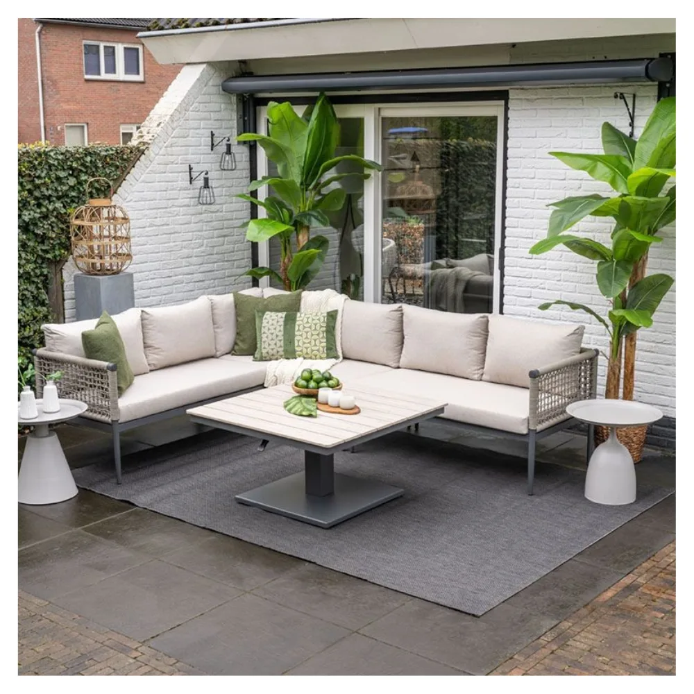 Lea hoek loungeset - 4-delig - aluminium carbon black - rope taupe 5