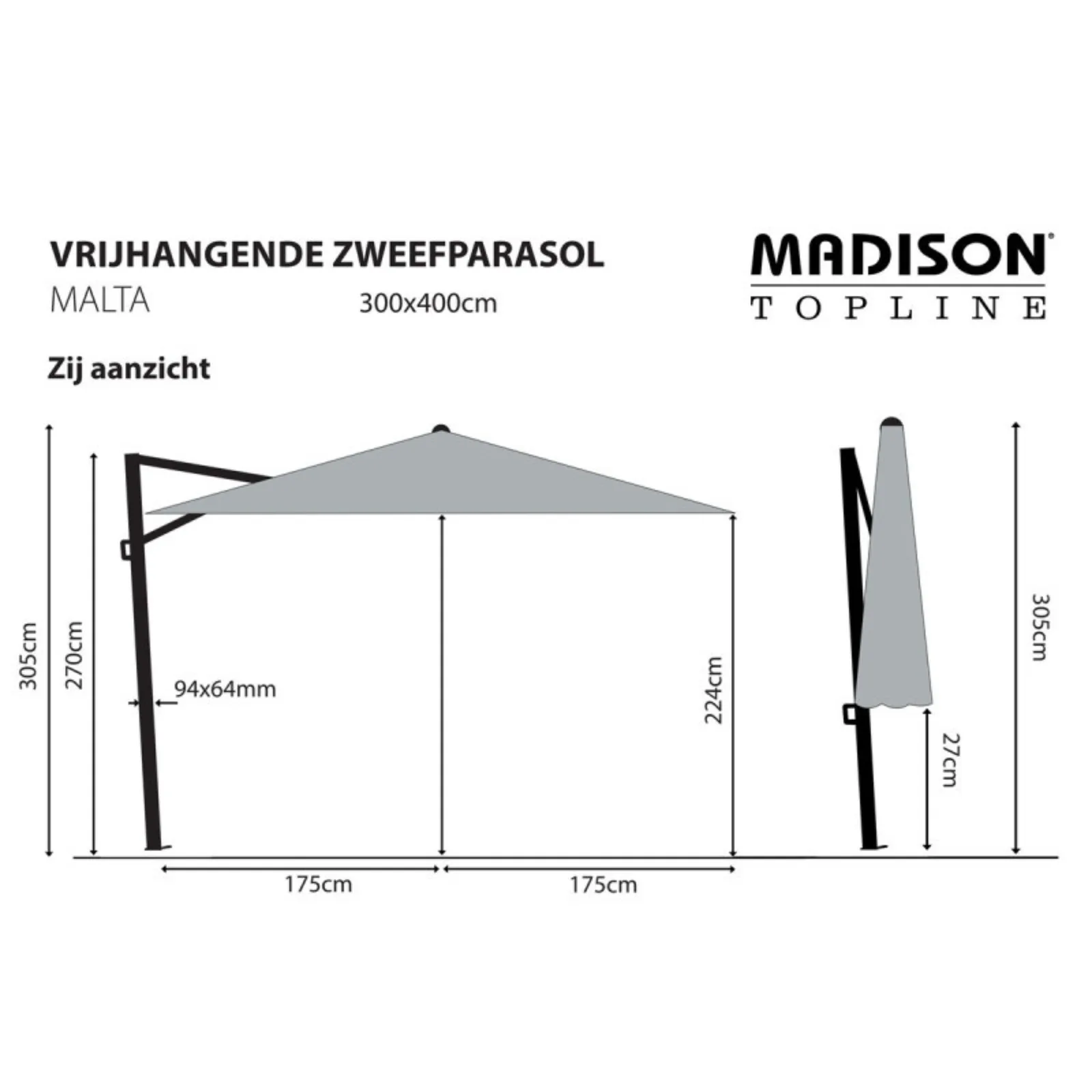 Madison zweefparasol Malta 300x400cm vierkant ecru 4