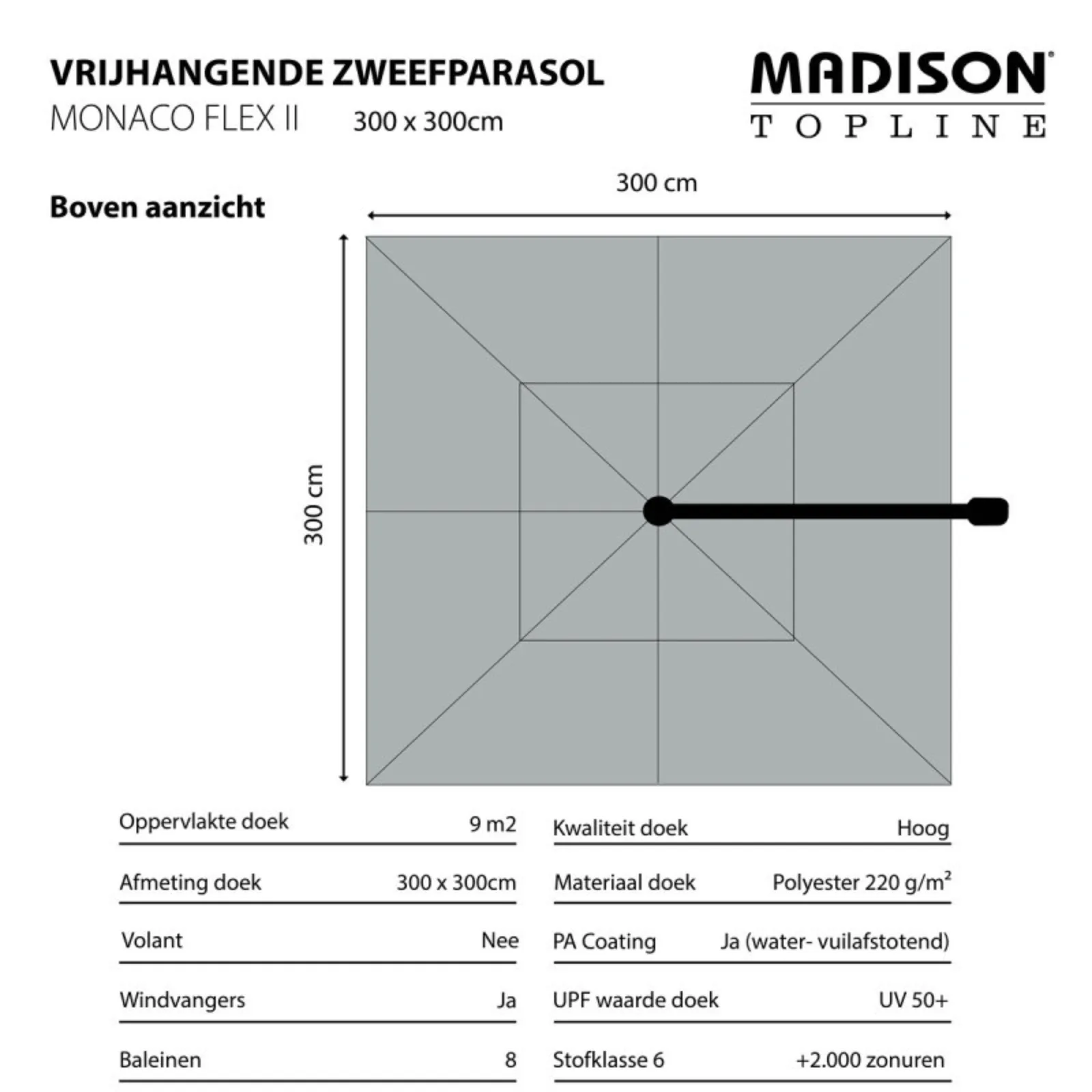 Madison Zweefparasol Monaco flex III 300x300cm Safier blue 3