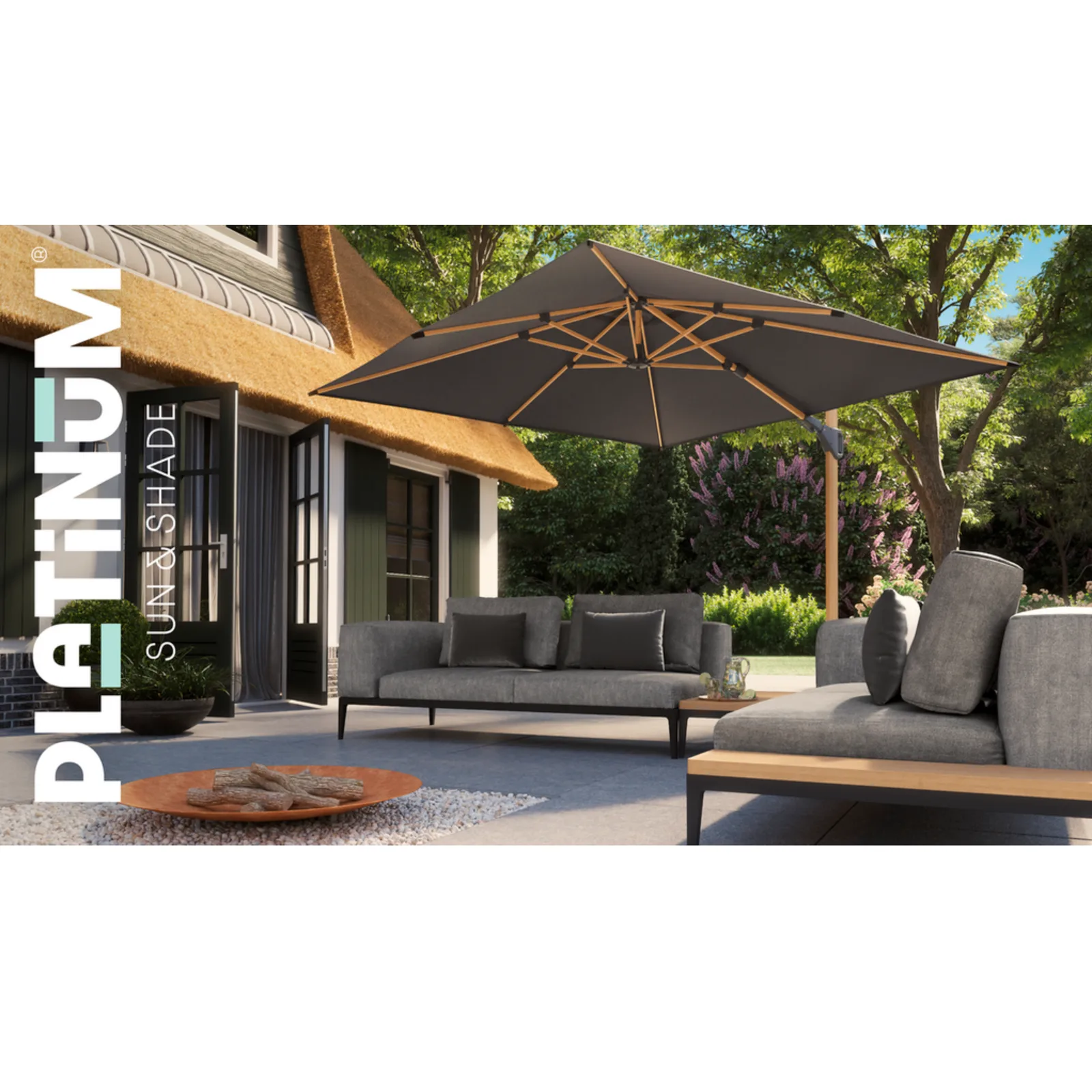 Platinum Sun & Shade zweefparasol Challenger T² Teak look frame, 300x300 Faded black. 6