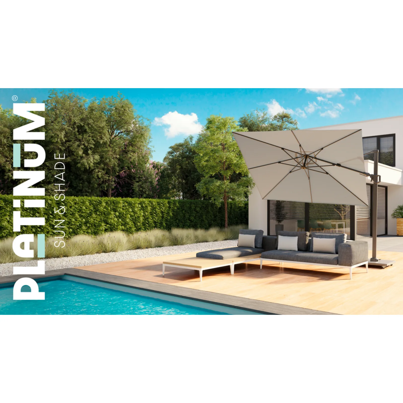 Platinum Sun & Shade zweefparasol Challenger T² Teak look frame, 300x300 Faded black. 5