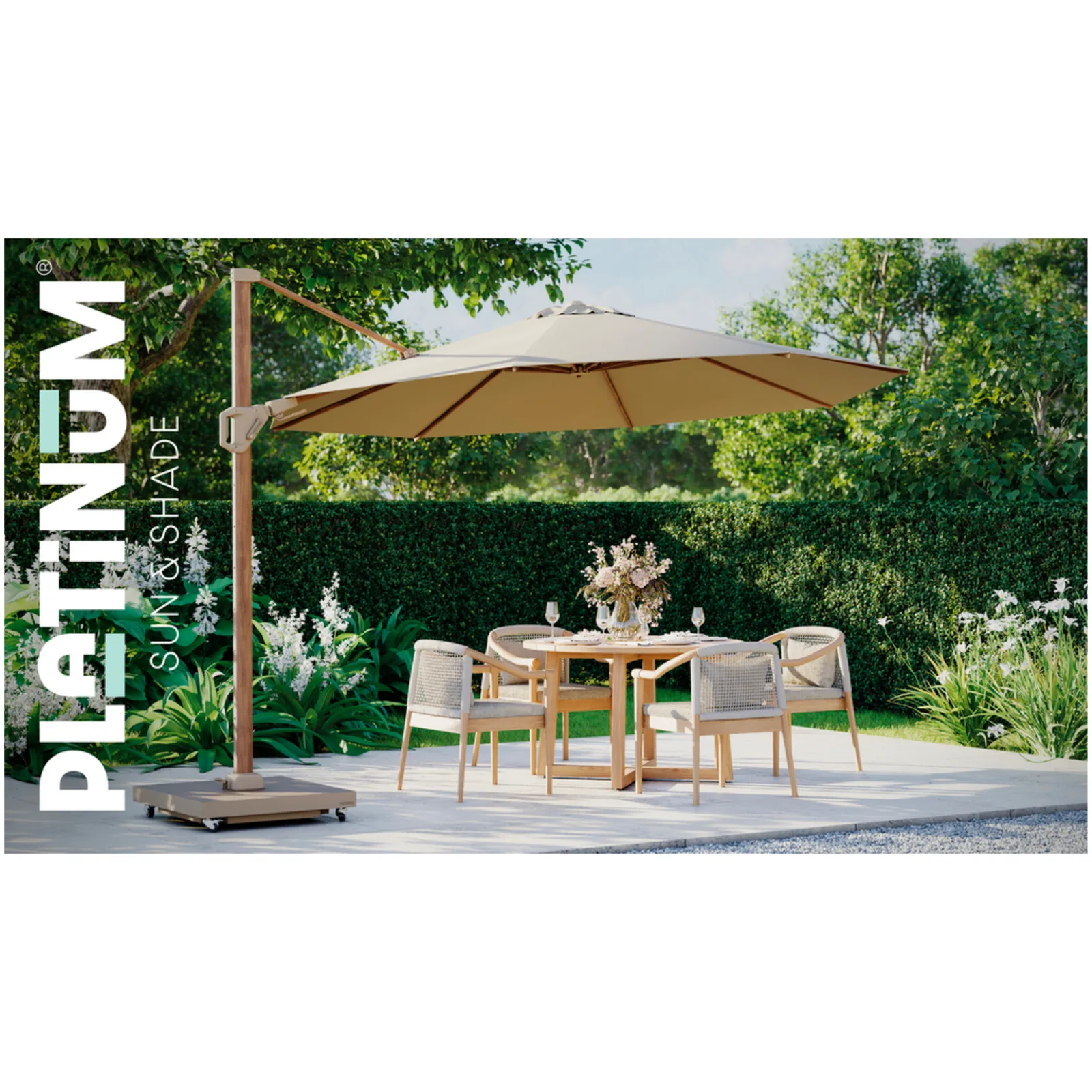 Platinum Sun & Shade zweefparasol Challenger T² Teak look frame, 300x300 Champagne. 5