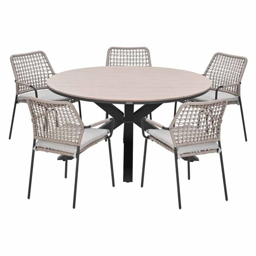 Solara tuinset 6-delig sand met Edison tuintafel rond 148 cm light teak vironwood