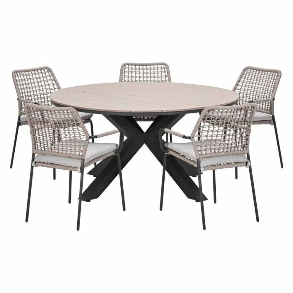 Solara tuinset sand 6-delig met Swifty dining tuinstoelen en Edison tuintafel rond 148 cm
