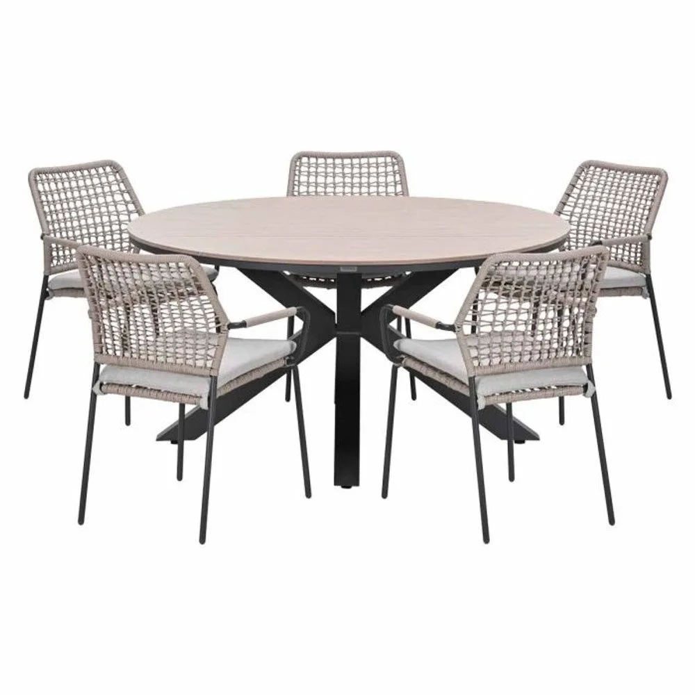 Solara tuinset sand 6-delig met Swifty dining tuinstoelen en Edison tuintafel rond 148 cm