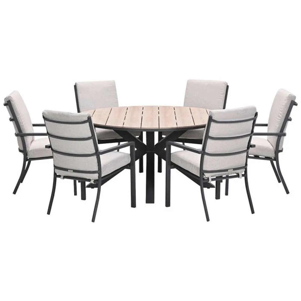 Senja tuinset 7-delig desert sand met Sergio tuinstoelen en Tulli tuintafel rond 148 cm