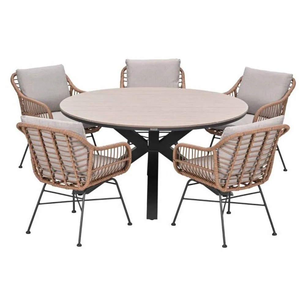 Margriet tuinset 6-delig bruin met Edison tuintafel rond 148 cm light teak vironwood