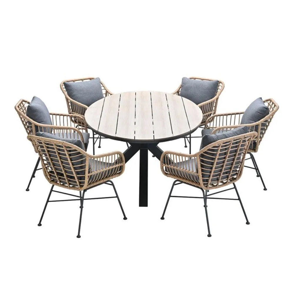 Margriet tuinset 7-delig bruin met Edison tuintafel ovaal 220x115 cm light teak vironwood