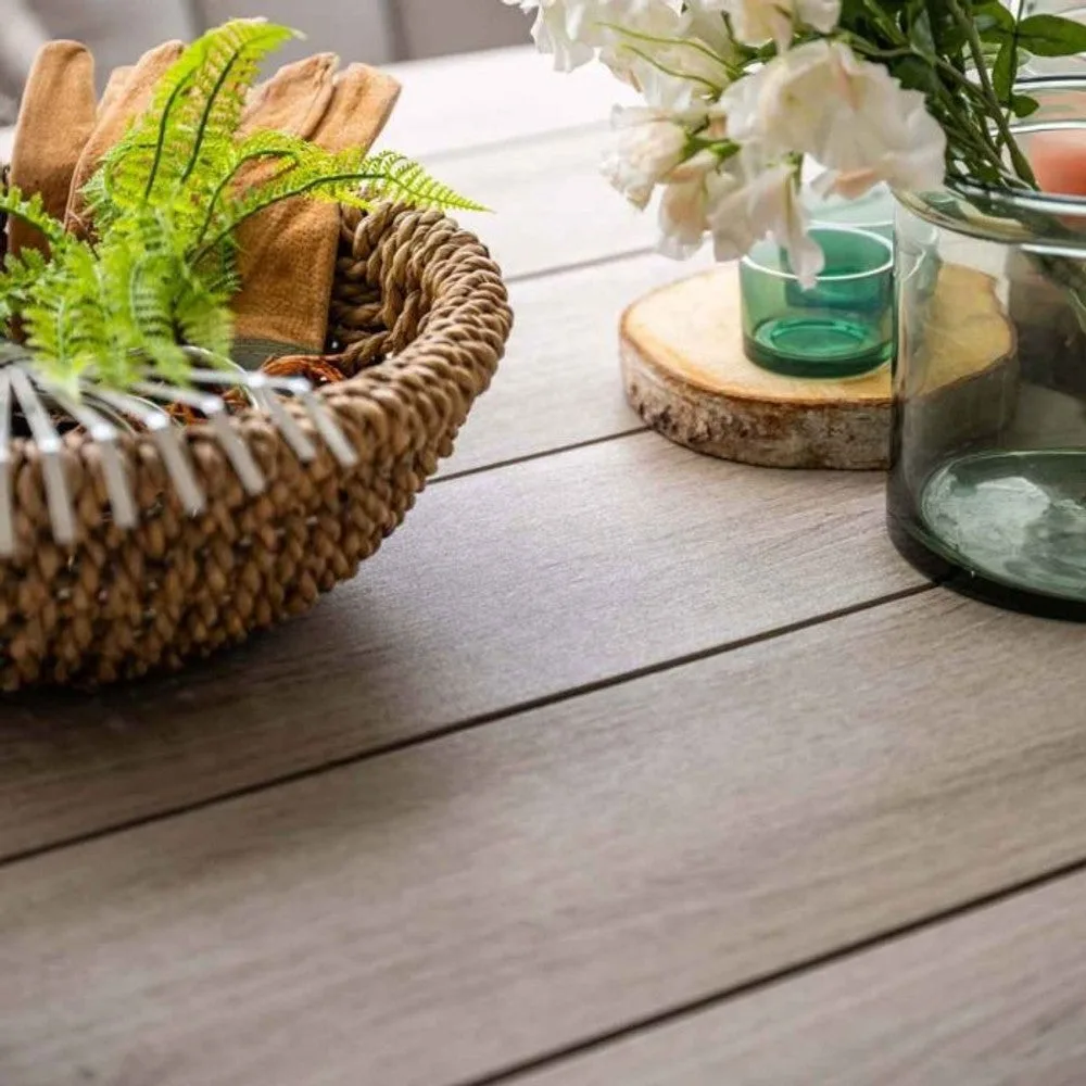Margriet tuinset 7-delig bruin met Edison tuintafel ovaal 220x115 cm light teak vironwood