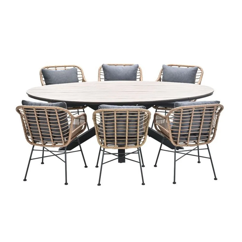 Margriet tuinset 7-delig bruin met Edison tuintafel ovaal 220x115 cm light teak vironwood