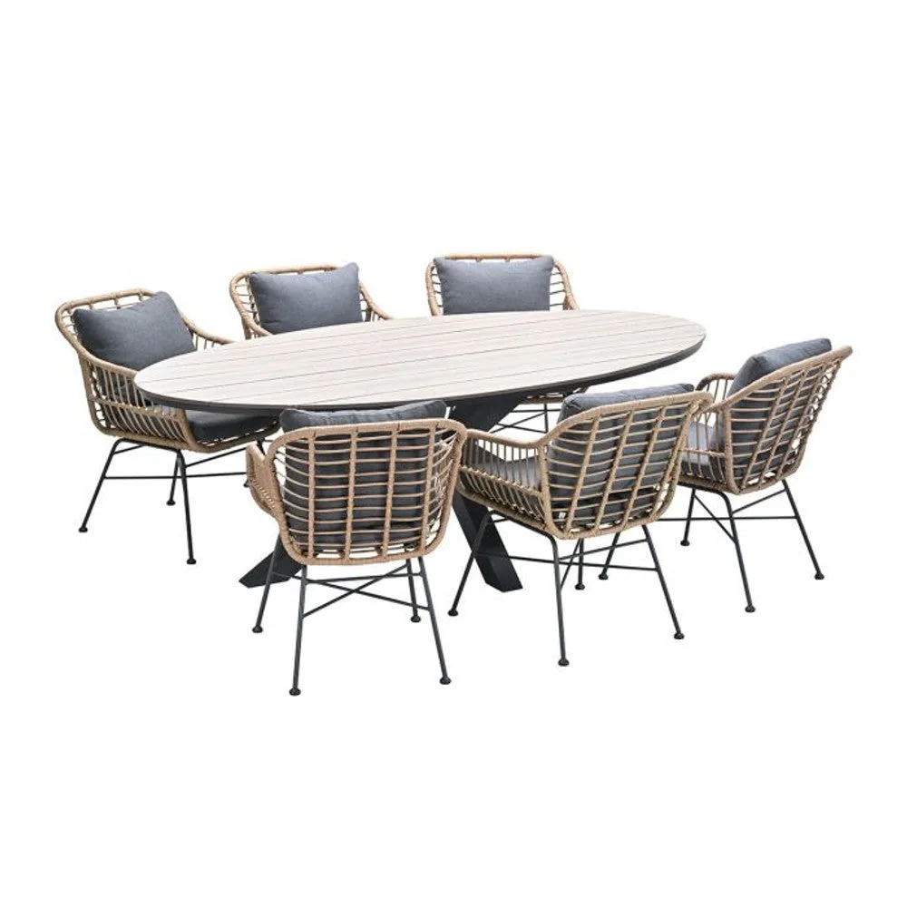 Margriet tuinset 7-delig bruin met Edison tuintafel ovaal 220x115 cm light teak vironwood