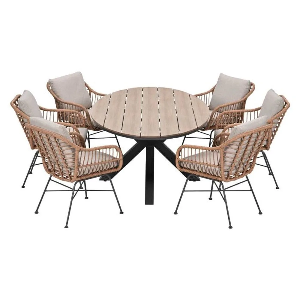 Margriet tuinset 7-delig bruin met Edison tuintafel ovaal 220x115 cm light teak vironwood