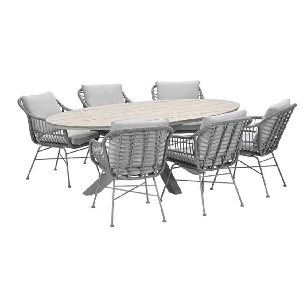 Margriet tuinset 7-delig valley sand met Edison tuintafel ovaal 220x115 cm light teak vironwood