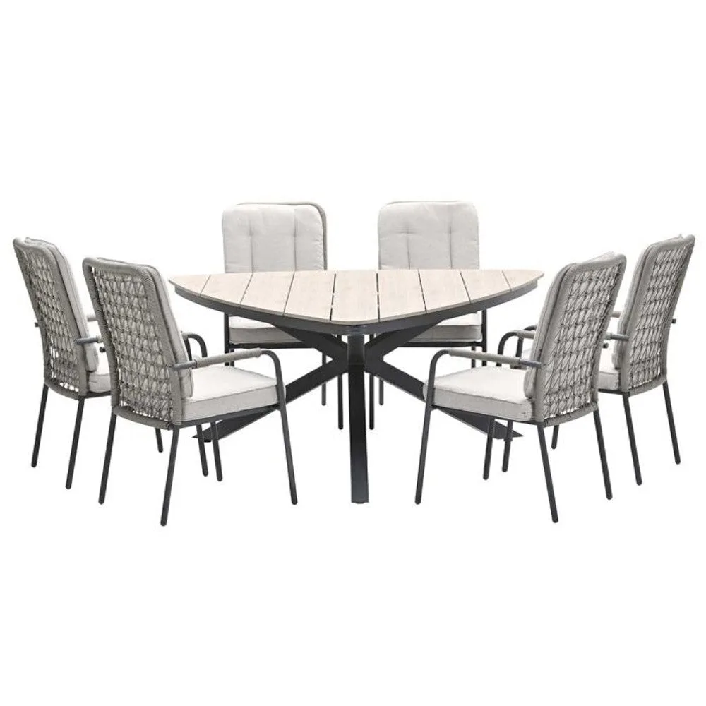 Venice tuinset 7-delig taupe met Edison tuintafel driehoek 170 cm light teak vironwood