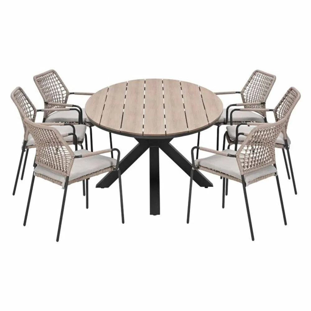 Swifty tuinset 7-delig sand met Edison tuintafel ovaal 220x115 cm bruin vironwood