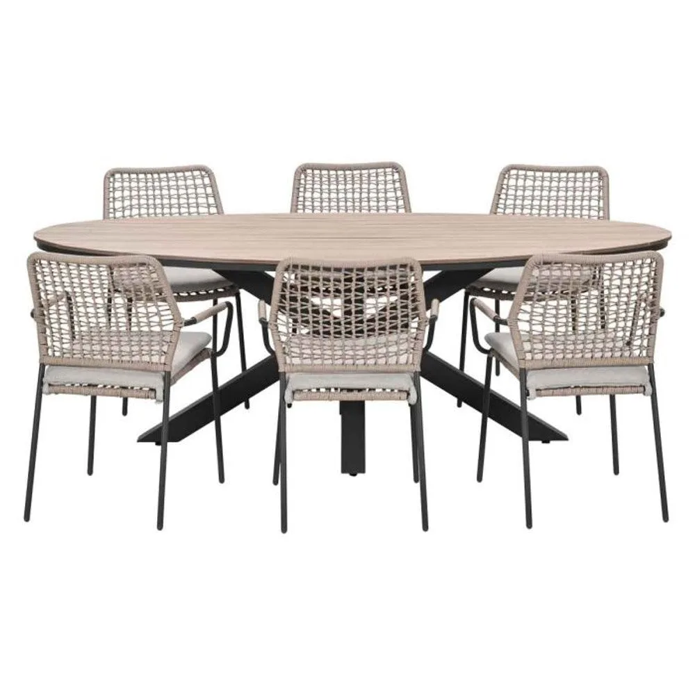 Swifty tuinset 7-delig sand met Edison tuintafel ovaal 220x115 cm bruin vironwood