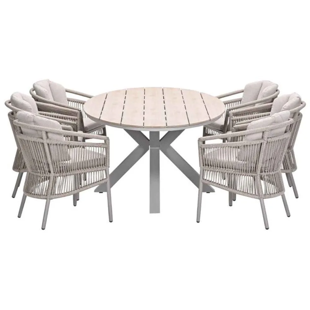 Porto tuinset 7-delig taupe met Edison tuintafel ovaal 220x115 cm light teak vironwood