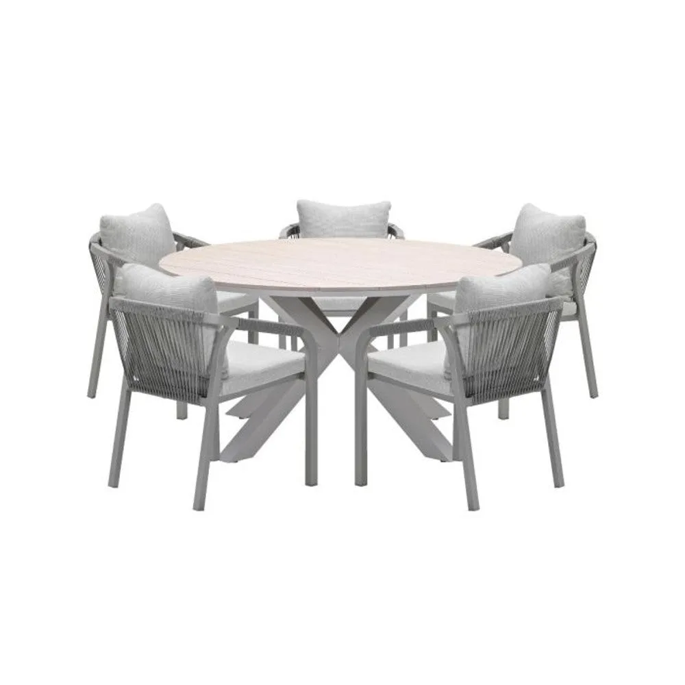 Monti tuinset 6-delig dakar sand met Edison tuintafel rond 148 cm light teak vironwood