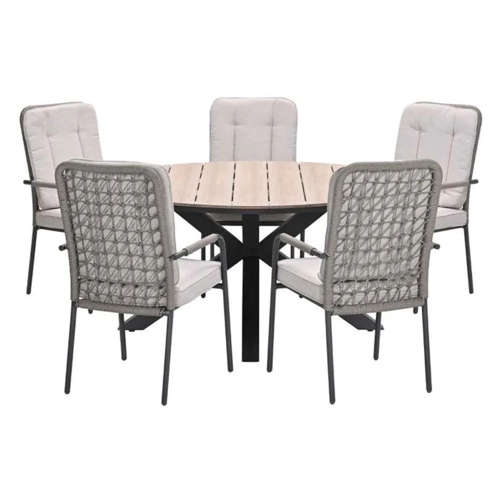 Venice tuinset 6-delig carbon black rope taupe met Edison tuintafel rond 148 cm light teak vironwood