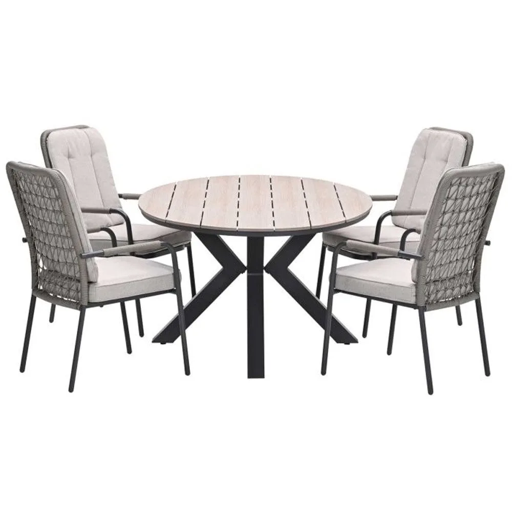 Venice tuinset 5-delig carbon black rope taupe met Edison tuintafel ovaal 180x115 cm light teak vironwood