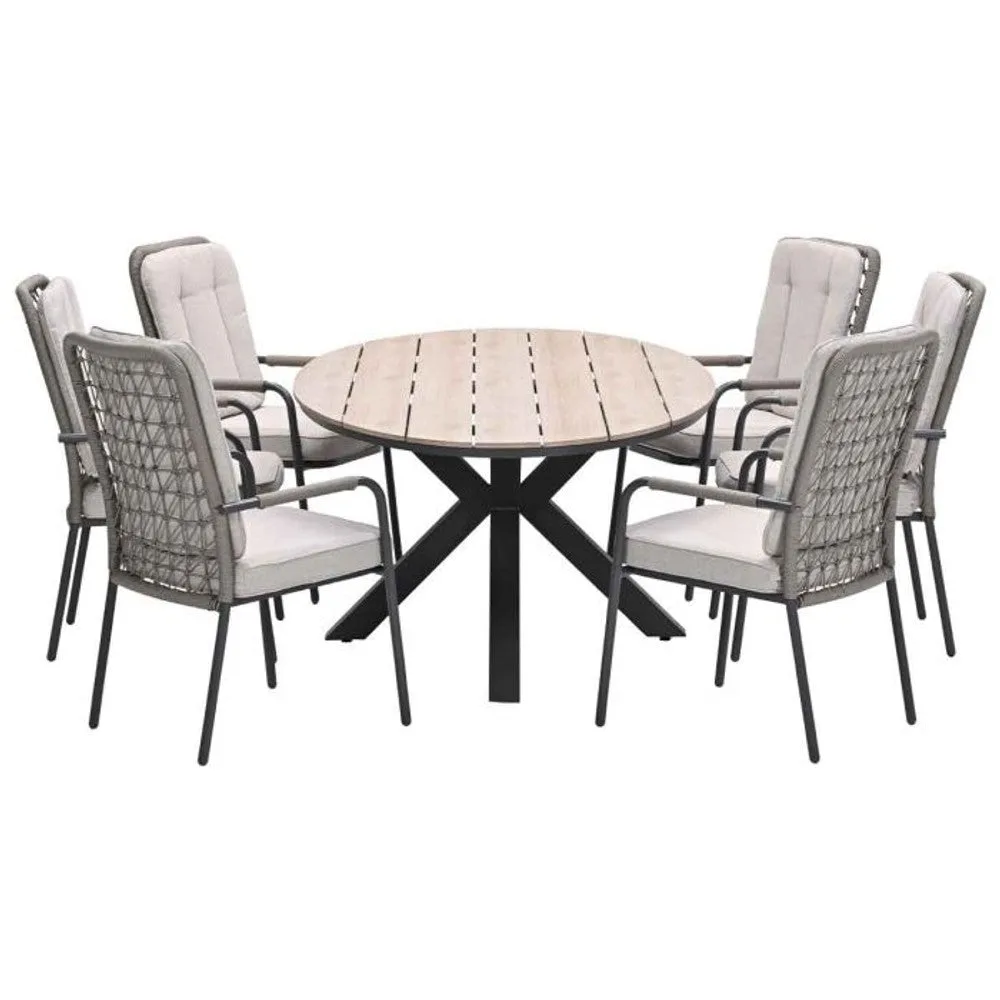 Venice tuinset 7-delig carbon black rope taupe met Edison tuintafel ovaal 220x115 cm light teak vironwood