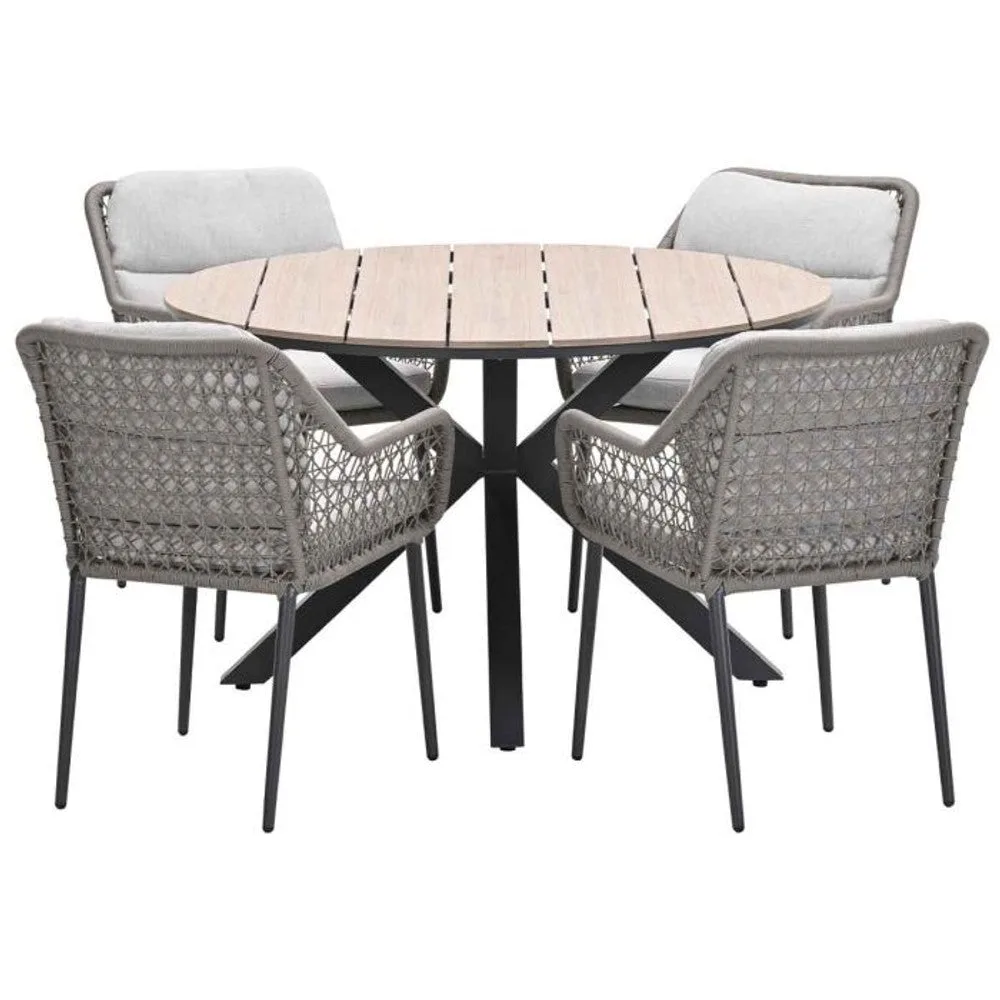 Toledo tuinset 5-delig carbon black rope taupe met Edison tuintafel rond 122 cm light teak vironwood