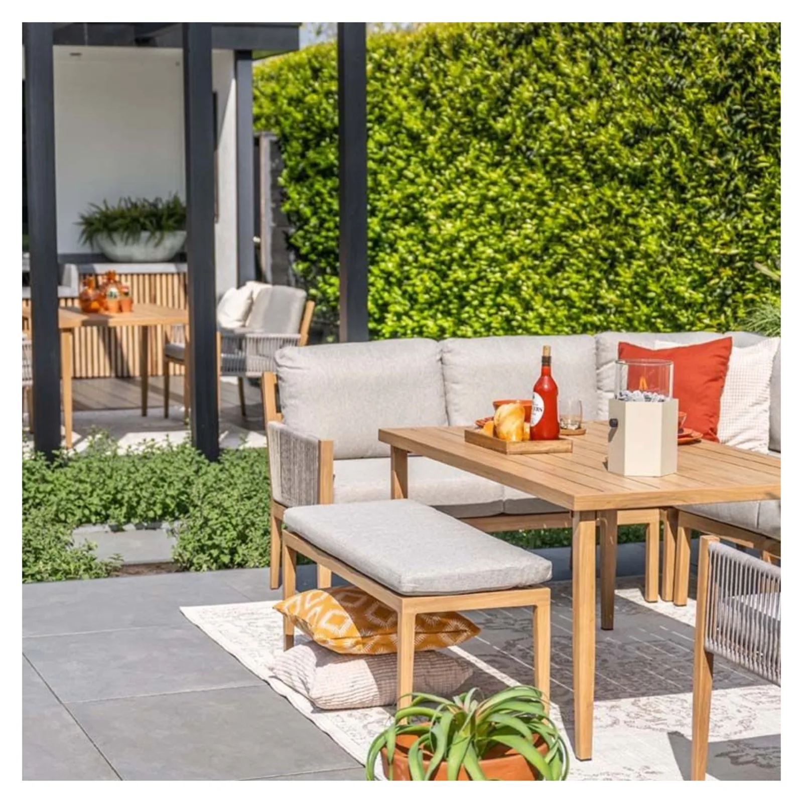 Sardinia lounge diningset 5-delig - Hoekbank - rope zand - teaklook 5